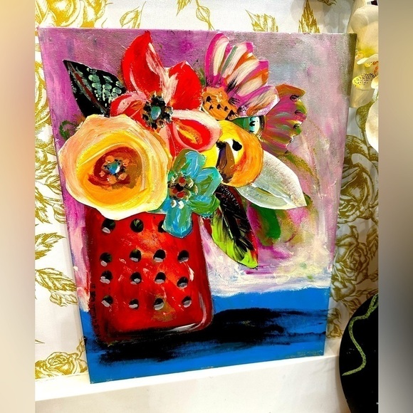 Original Art Painting Mixed Media Acrylic Collage on Canvas Board Red Floral - Picture 1 of 12